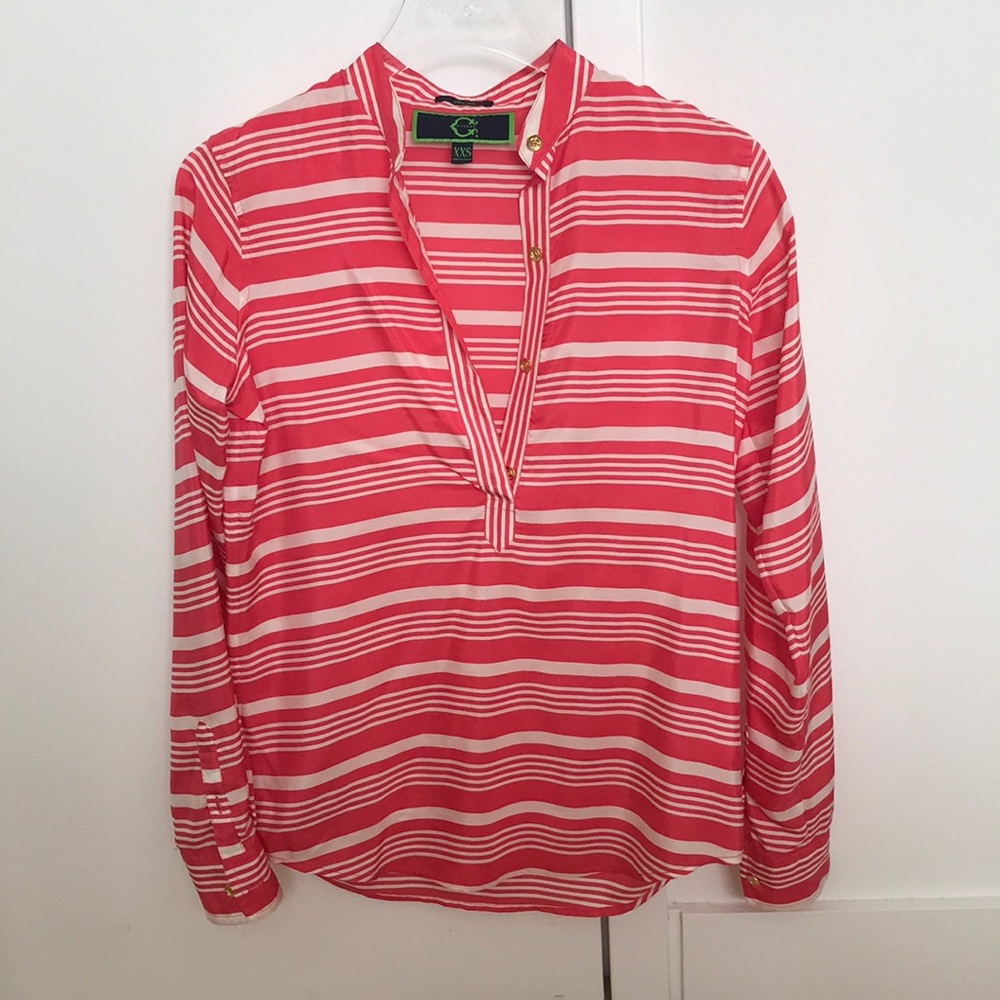100% silk pink/white striped blouse, XXS